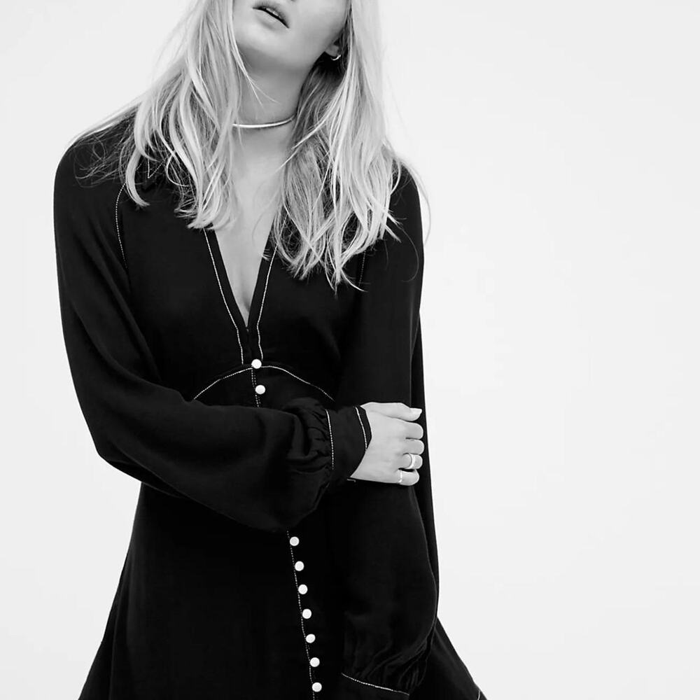 Free People Black Contrast Stitch Button Front Tunic Mini Dress Balloon Sleeve S